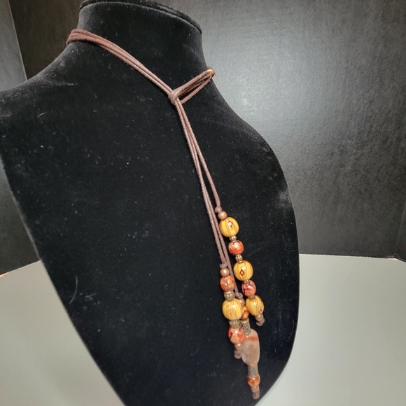 Carnelian & Painted Wood 3 Strand Y Necklace Clasp-Free Handmade Sacral Chakra - Picture 5 of 16